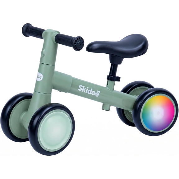 Skidee Toddler Balance Bike 1-3, 4-Wheel Balance Bike with Rare Light-Motion-Activated LED Wheels, Adjustable Height & Child Safe Steering, Lightweight Ride-On Toy Training Bike for Boys & Girls