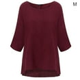 thumbnail image 1 of T-Shirt pour Femme, Couleur Unie, Haut Décontracté, Manches Courtes, Blouse en Lin, Rouge Vin, m, 1 of 6