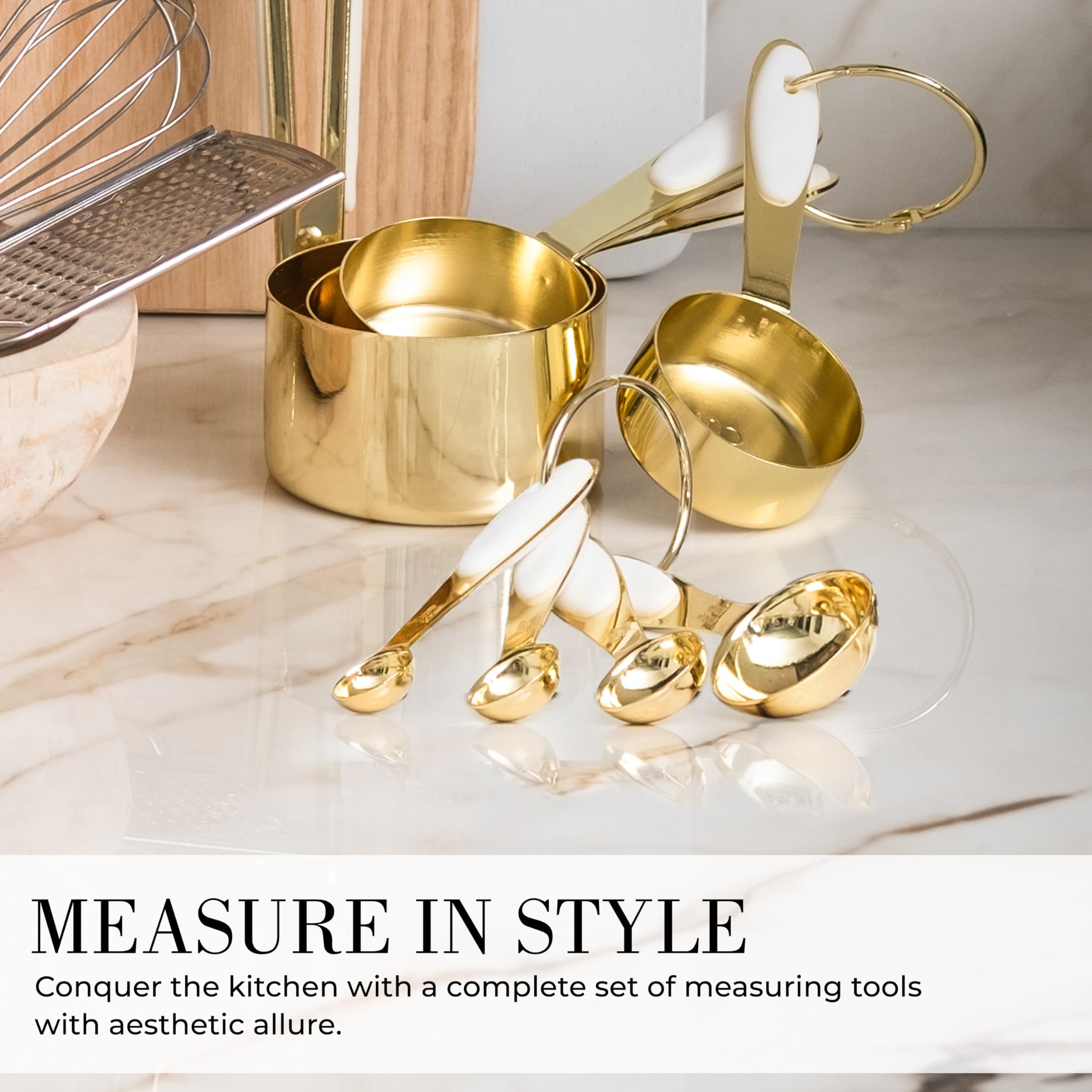 Styled Settings White and Gold Kitchen Utensils Set - 15-Piece Non-Scratch, White and Gold Utensils Set Includes White Silicone Cooking Utensils and White and Gold Measuring Cups and Spoons
