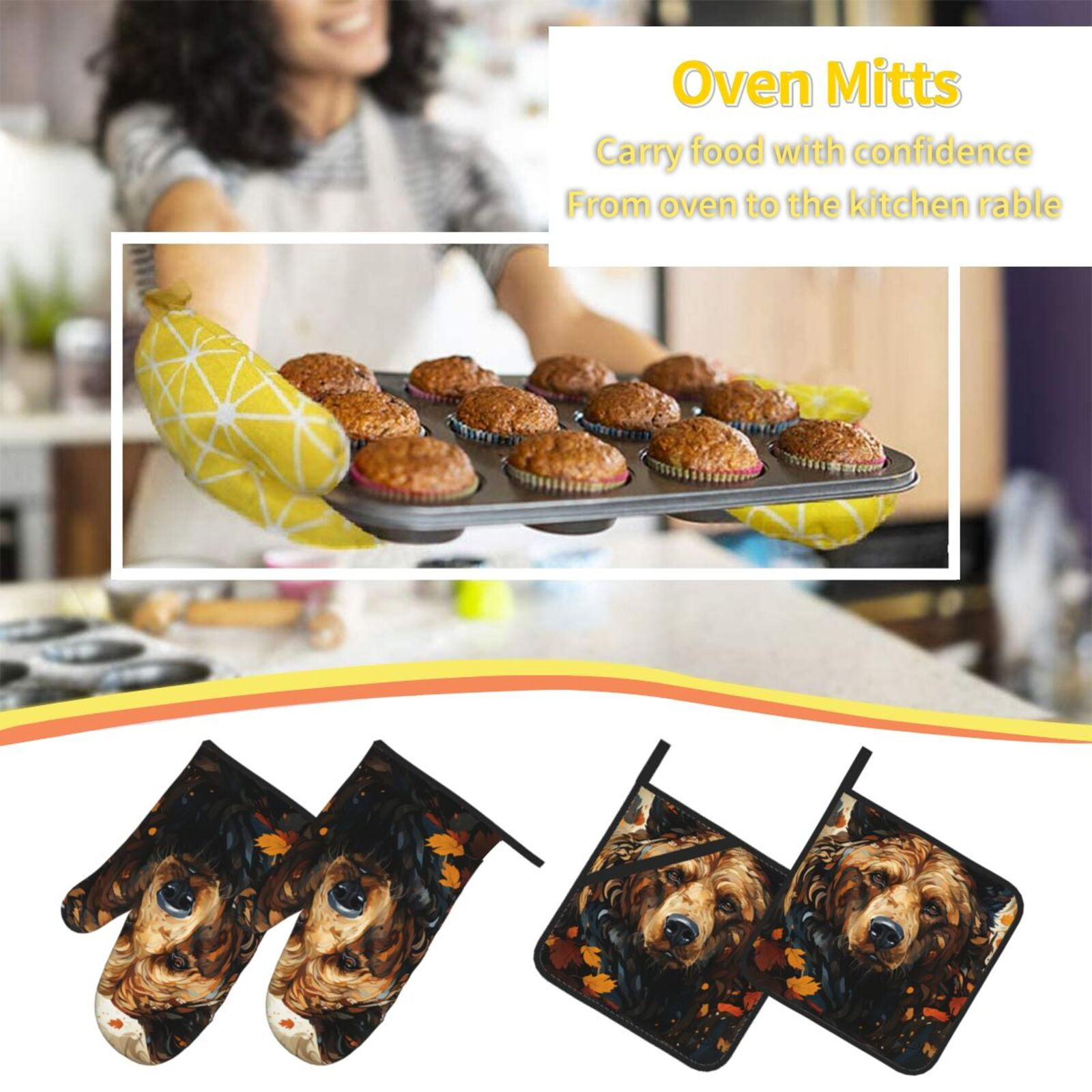 Bear Grizzly Bear Art Vintage 4Pcs Oven Mitts and Pot Holders Sets Oven Kitchen Gloves Hot Pads for Cooking BBQ Baking Grilling