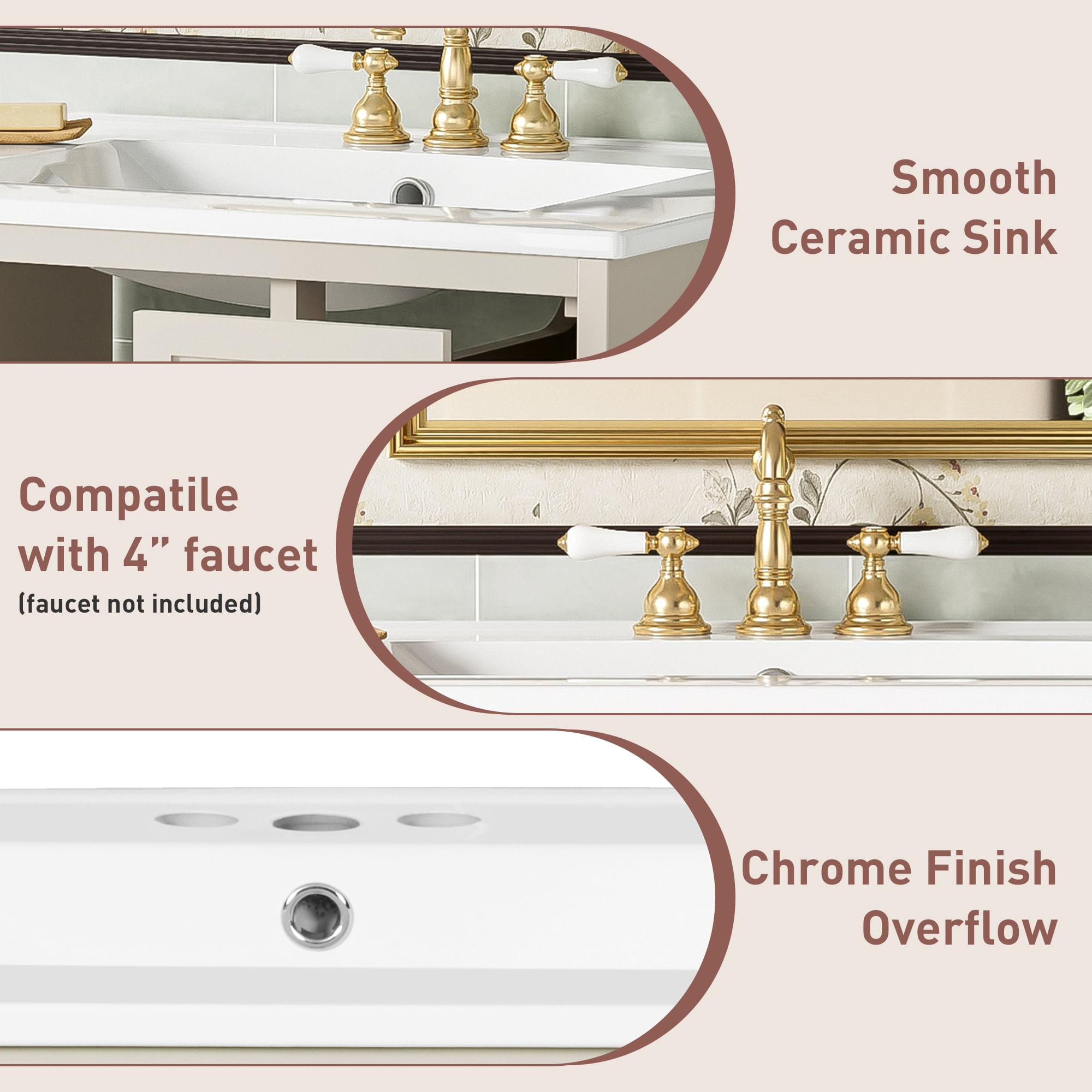 Euroco Wall-Mounted Bathroom Vanity with Ceramic Sink – Glass Door Cabinet, 2 Drawers, Overflow Drain, Easy Assembly & Modern Minimalist Design