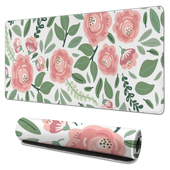 Pink Flowers and Leaves Desk Mouse Pad Pad Mouse Waterproof Washable for Office Home Work Gaming Table Tables Mouse Pad Rubber Base Mousepad with Stitched Edges 35.4x15.7inches