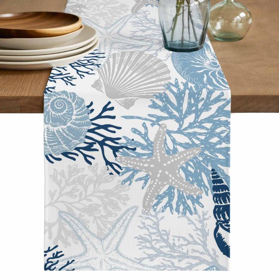 Blue Beige Coastal Table Runner 70 Inches, Grey Navy Blue Coral Starfish Nautical Bed Runner Dresser Scarves Tabletop for Indoor Outdoor Parties/Ceremony/Banquet, 13" x 70"