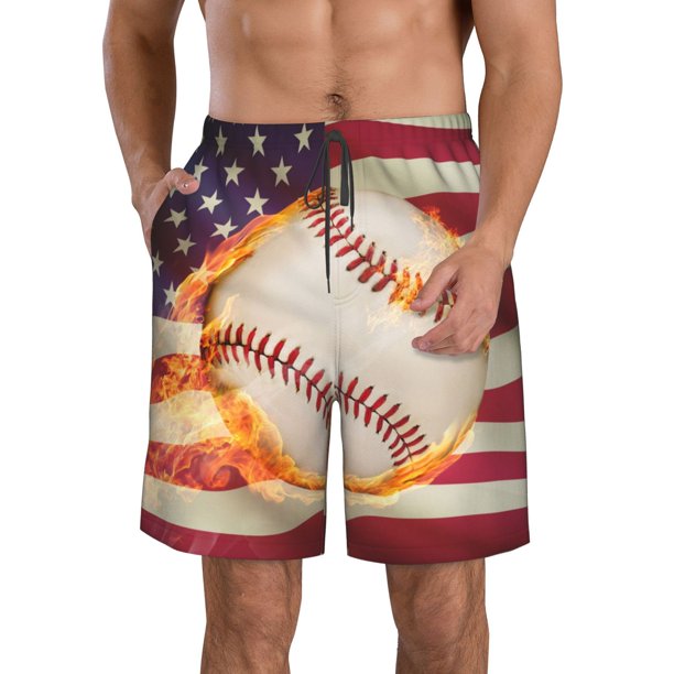 Fotbe Baseball Ball With Flag Trajes de Baño Estampados para Hombre, Shorts de Verano de Secado Rápido, Ropa de Playa, Bañadores-Large
