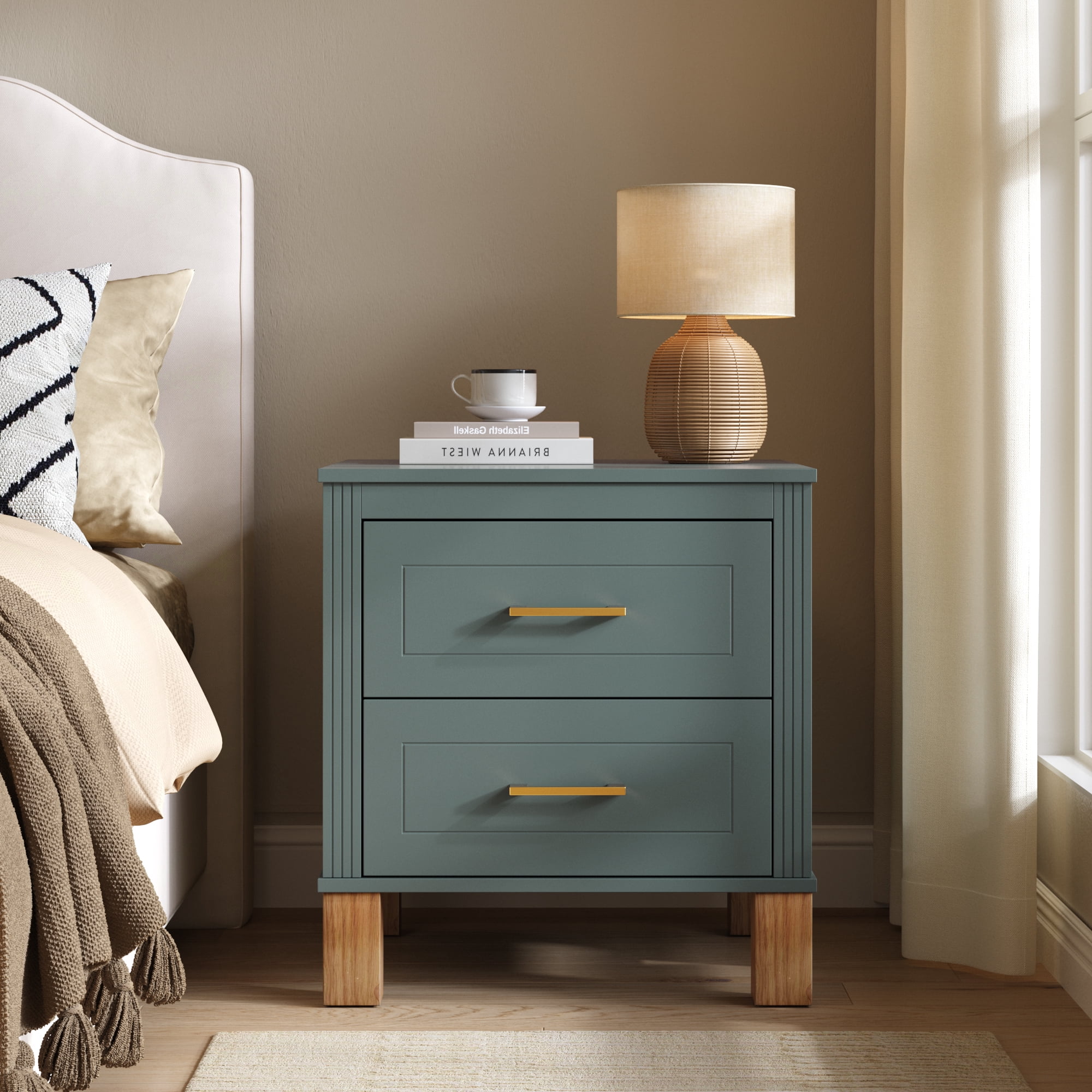 2 Drawer Nightstand, Fluted Design Bedside Table with Solid Wood Legs & Metal Handles, MDF Frame Storage Cabinet, Tall End Table for Bedroom Living Room