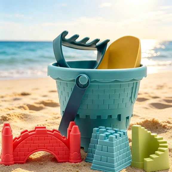 6 Pcs Kids Beach Sand Toy Set, Castle Brick Bucket with Shovel Rake and Sand Molds, Summer Outdoor Sandbox Bath Play Toys for Toddlers, Random Color