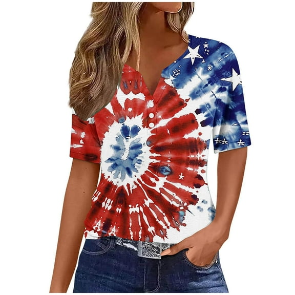 CFLVAEK Plus Size 4th of July Shirts for Women Casual Red Blue and White Tie Dye Tops Trendy Independence Day Print Loose Tshirt Dressy Short Sleeve Patriotic Festival Henley Blouses