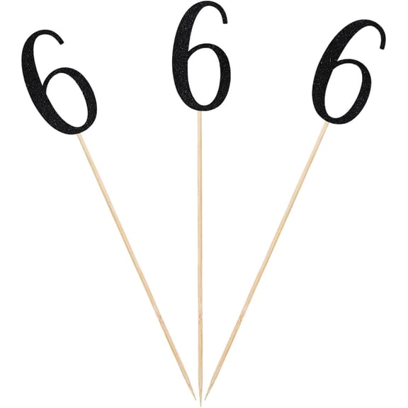 Black Glitter 6th Birthday Centerpiece Sticks, 12-Pack Number 6 Table Topper Anniversary Party Decorations