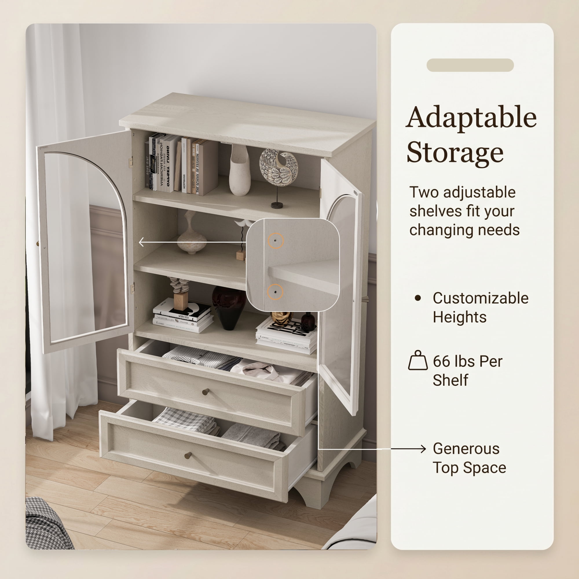 52.17"H Storage Cabinet with 2 Drawers and Adjustable Shelf,Modern Glass Door Curio Cabinet for Living Room,Bedroom,Kitchen,Office,White