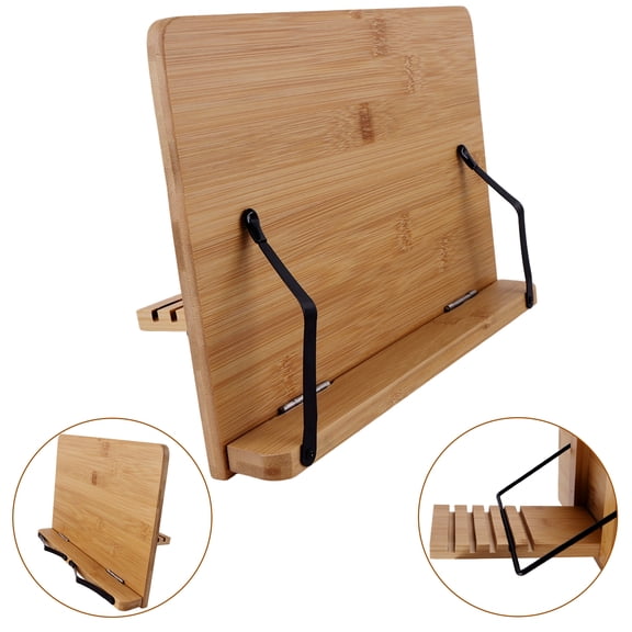 cyrico Bamboo Cook Book Holder Stand, Adjustable Book Stand for Reading with 5 Height, Foldable Wooden Recipe Book Holder for Desk, Book Display Stand for Kitchen and Office, 11 x 8.1 Inch