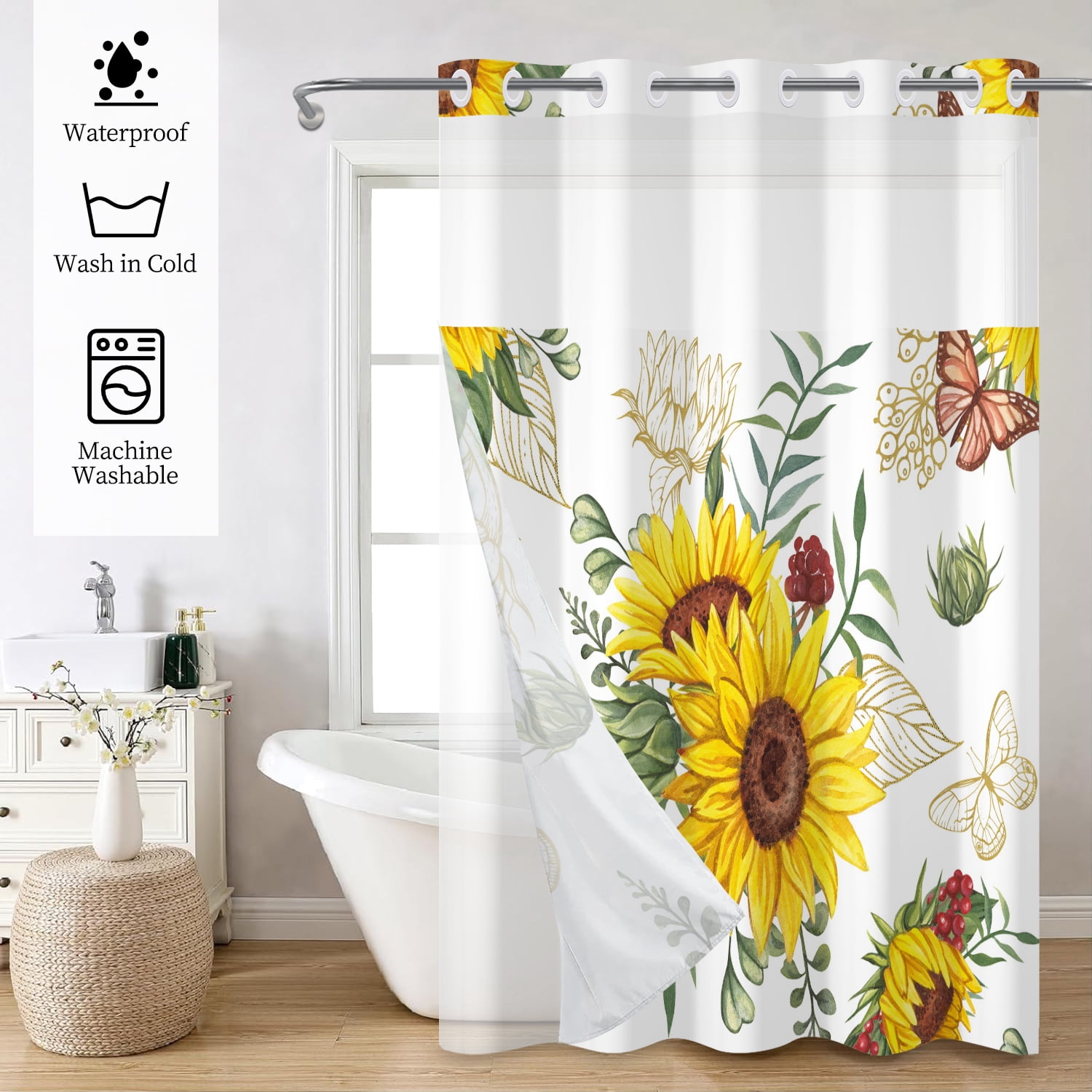 Mizhona Yellow Sunflower Shower Curtain with Snap in Liner,Butterfly No Hook Fabric Shower Curtain,71"x74"