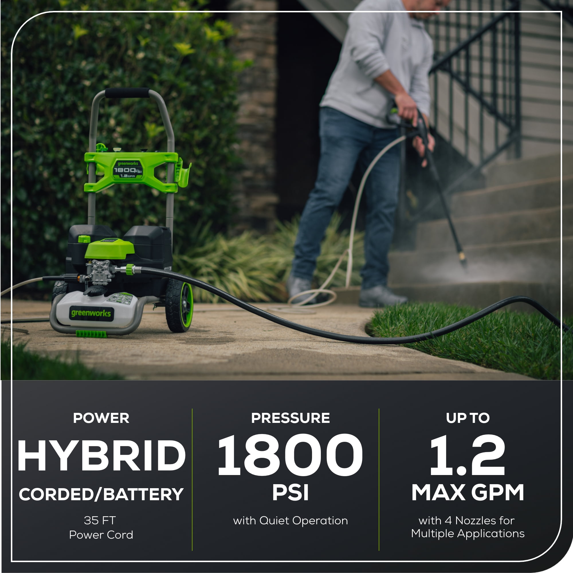 Greenworks 60V Hybrid 1800 PSI 1.2 GPM Cold Water Pressure Washer with (2) 4Ah Batteries & Charger 5129102