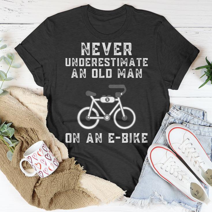 Never Underestimate an Old Man on an E-Bike Graphic Cotton Tee Unisex Adult Casual Electric Bicycle Rider T-Shirt, Size 5XL, Color Black