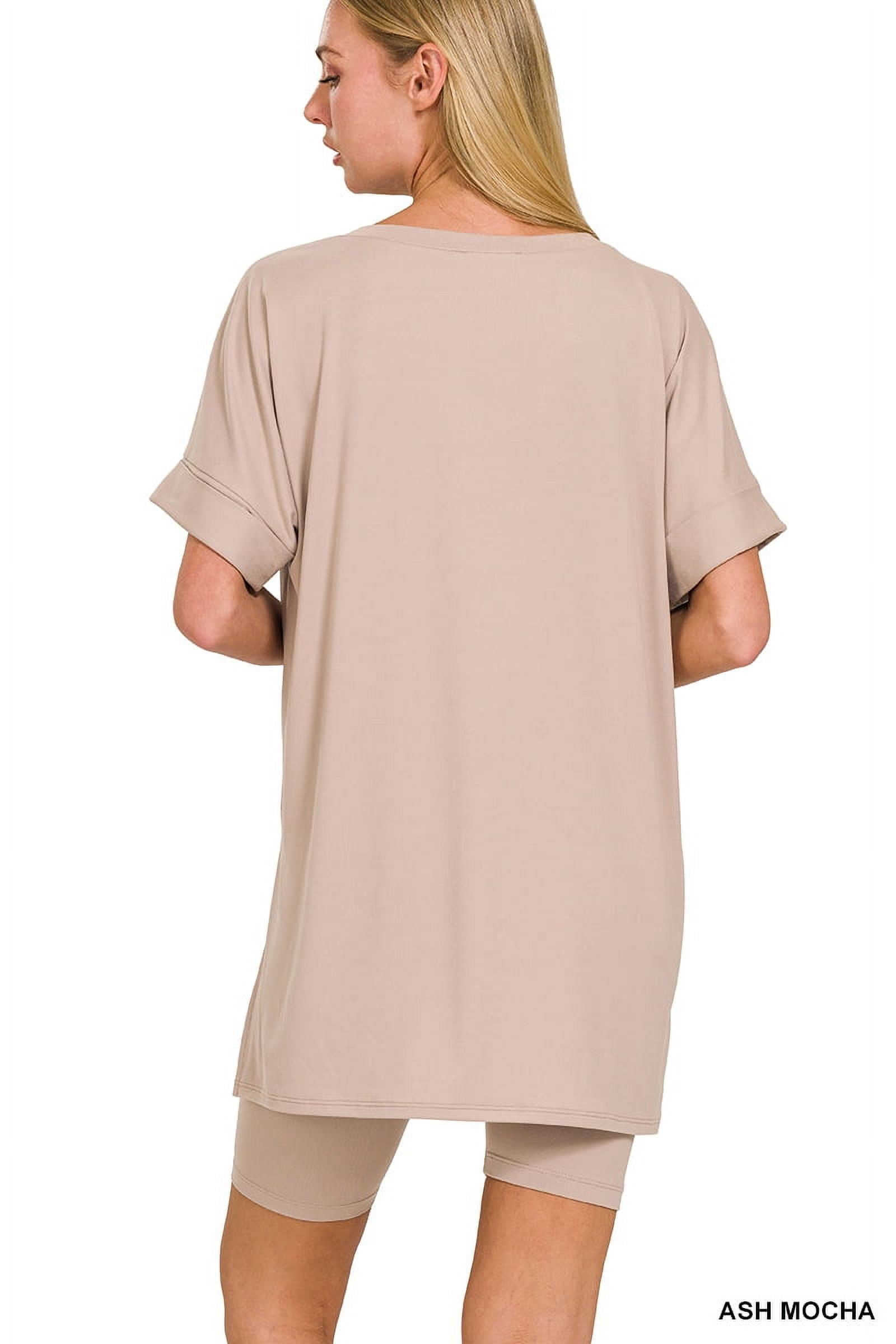 Zenana Women's Brushed DTY Microfier V-Neck Short Sleeve Hi-Low Hem & Biker Short Loungewear Set