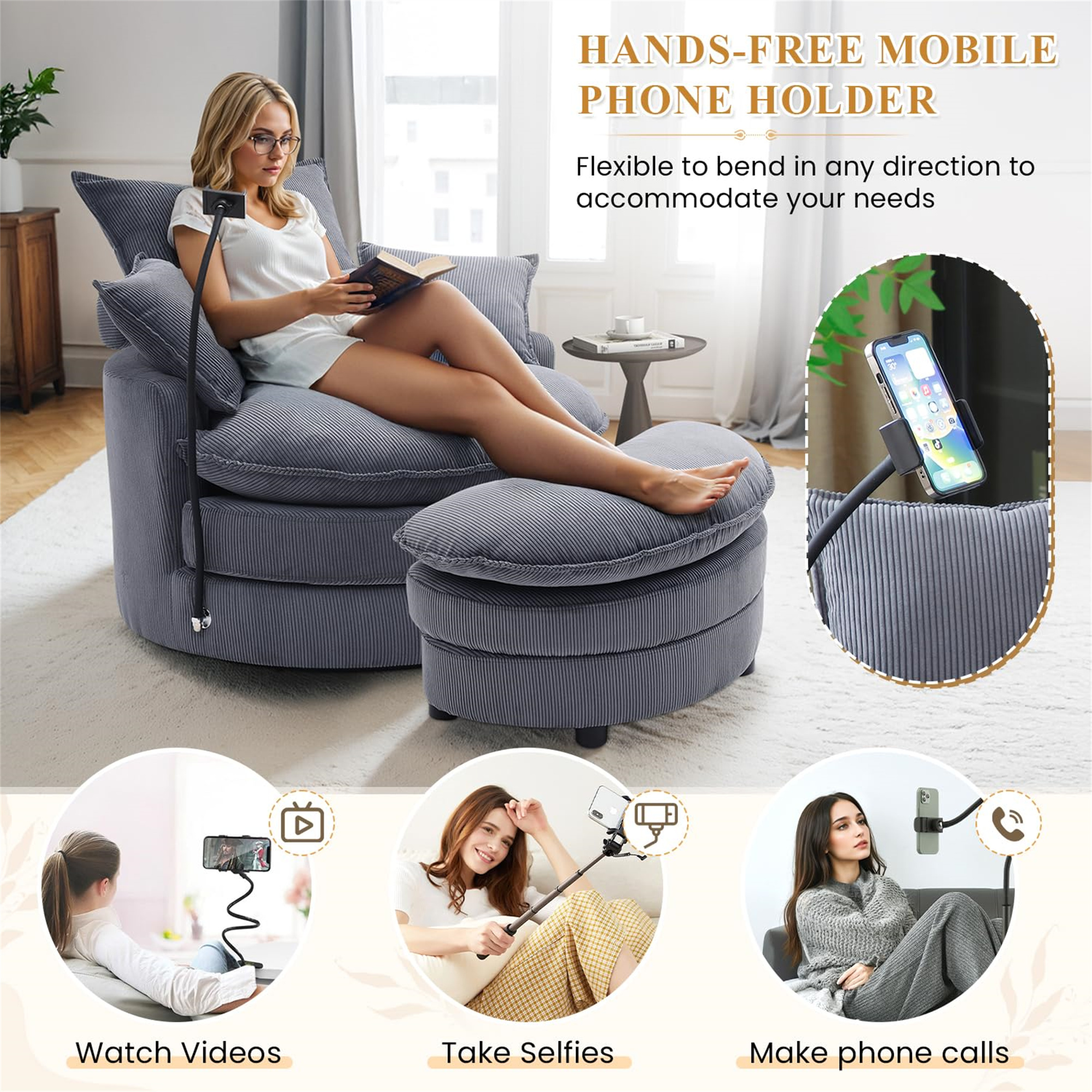 Aukfa Swivel Accent Chair 36" Oversized Barrel Chair with Storage Ottoman & Phone Holder for Living Room, 4 Pillows, Gray