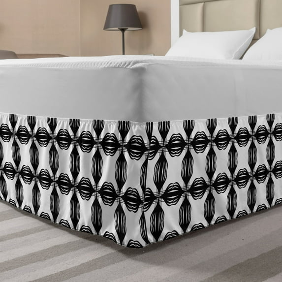 Abstract Bed Skirt, Monochrome Print of Lines Overlapping Round Long Shapes Abstract Items, Elastic Bedskirt Dust Ruffle Wrap Around for Bedding Decor, 4 Sizes, Charcoal Grey White, by Ambesonne