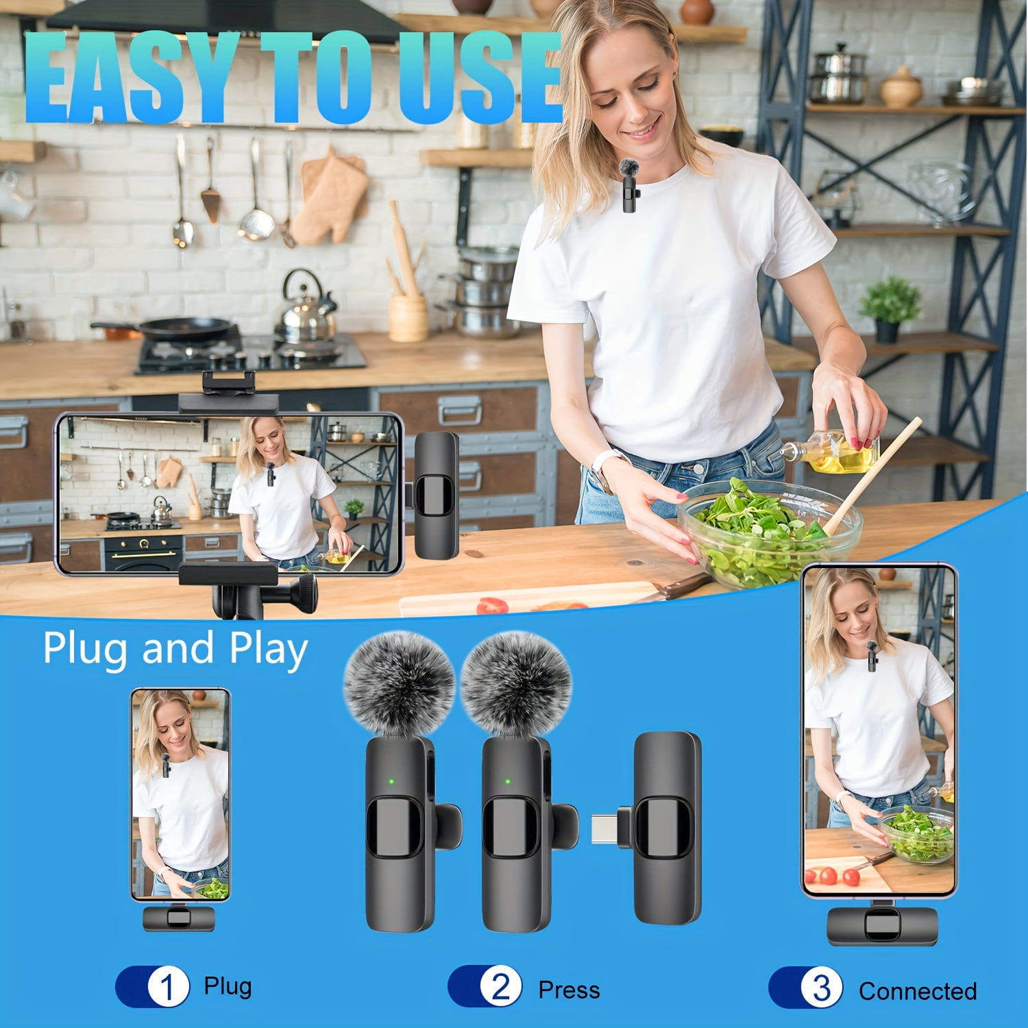Clip-On Wireless Microphone: Omnidirectional Noise Reduction, USB-C Rechargeable for Streaming, Podcast, Vlogging, Voice Control & Recording