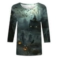 thumbnail image 4 of VKOYWKM Halloween Tees for Women 3/4 Sleeve Halloween Castle Graphic T Shirt Crew Neck Halloween Party Tops Funny Spooky Print Tees, 4 of 5