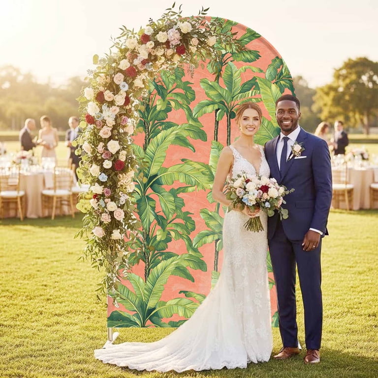 Palm Tree Tropical Arch Backdrop Cover, Spandex Fitted Wedding Arch Cover, Pink Summer Green Botanical Round Top Stand Covers for Birthday Ceremony Bridal Shower Party Decor 6.6x3.3 Ft