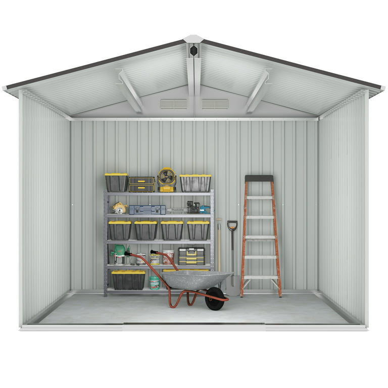 HOGYME 8 x 8 ft. Outdoor Storage Shed, Garden Tool Shed with Double Sliding  Doors, 4 Vents for Backyard Patio Lawn Pool, White+Gray 