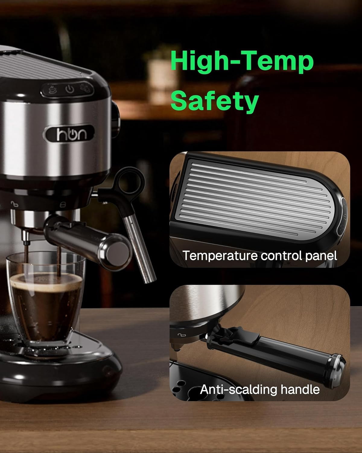 HBN Semi Automatic 20 Bar Espresso Machine with Steam Wand, Stainless Steel Coffee Maker for Cappuccino/Latte/Mocha,1450W