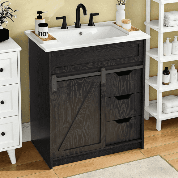 EVOKEDEN 30" Bathroom Vanity with Sink, Bathroom Storage Cabinet with Sliding Barn Door, Farmhouse Bathroom Cabinet with 3 Drawers, Black