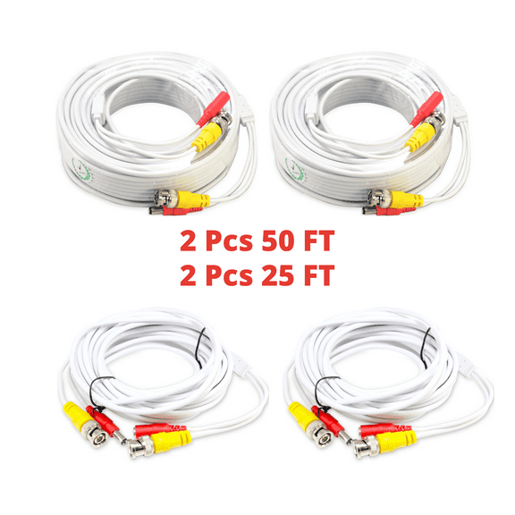 Evertech 2pcs 50 Feet and 2pcs 25 Feet White BNC Pre-made Video and Power Cable for CCTV Security Camera System