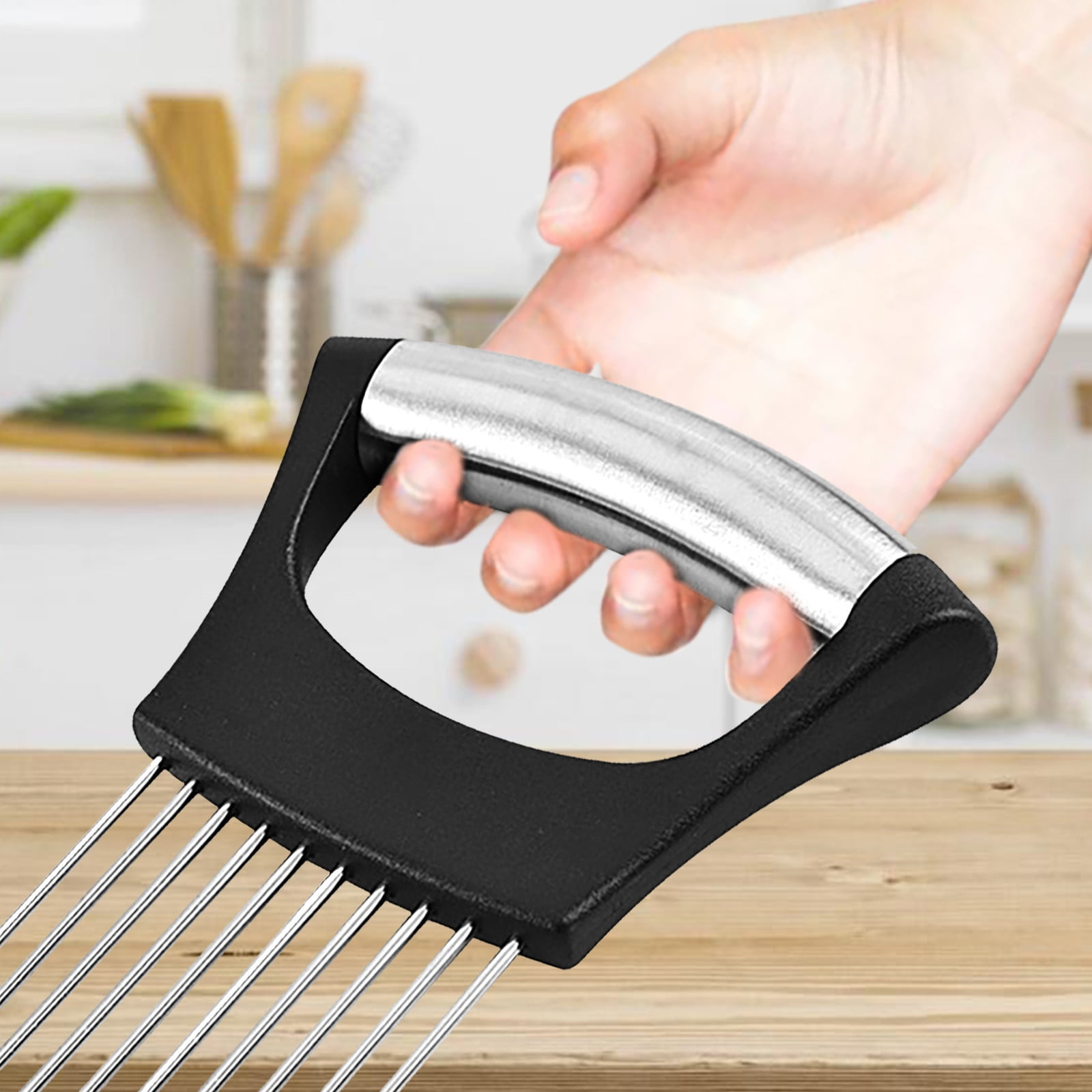  ENDLILI Stainless Steel Onion Holder for Slicing  Multifunctional Onion Holder Slices Food Slicer Assistant,suitable for  Vegetable Tomato Potato Meat Onion Cutter Tool Kitchen Gadgets (black):  Home & Kitchen