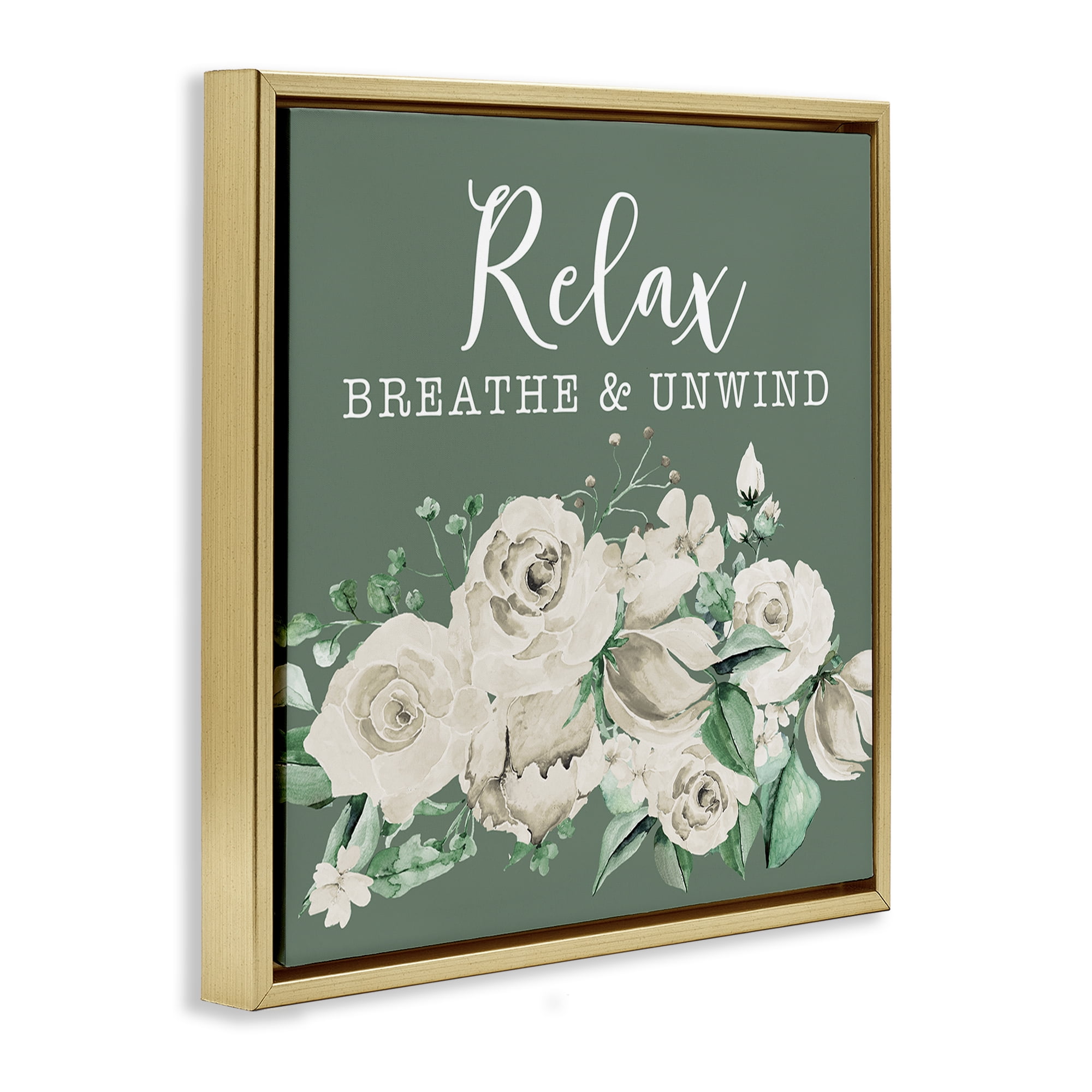 Stupell Industries Breathe & Unwind with Florals Bath & Laundry Painting Gold Floater Framed Canvas Art Print Wall Art, 18 x 18