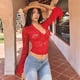 thumbnail image 5 of Top Corto Ajustado de Encaje con Escote en V Profundo y Larga para Mujer Rojo L, 5 of 9