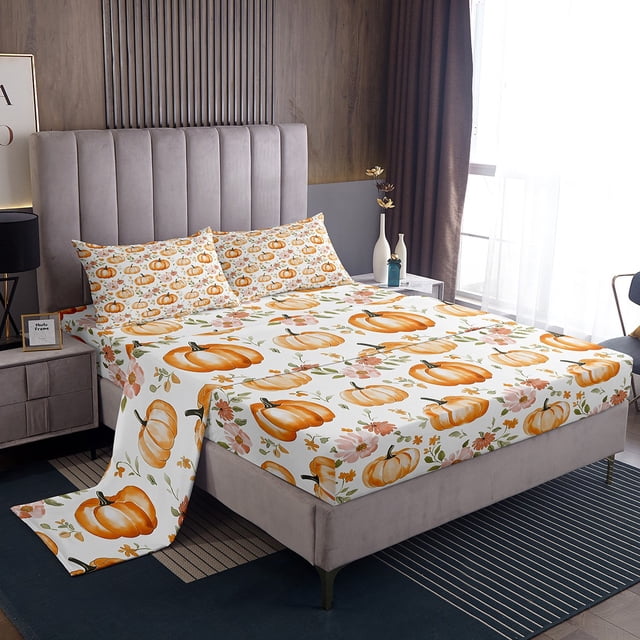 Erosebridal Ensemble de Draps à Imprimé Citrouille Très Grand, Ensembles de Draps Très Grand Récolte d'Automne, Ensembles de Literie Florale Rétro Format Très Grand, Décor Léger pour la Chambre, 4 Pcs