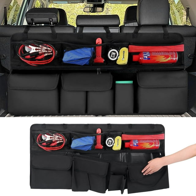 Organizador de maletero para coche, versión mejorada con organizador de asiento trasero con cierre, almacenamiento de maletero de gran capacidad de 39.5 pulgadas, bolsa plegable para asiento trasero