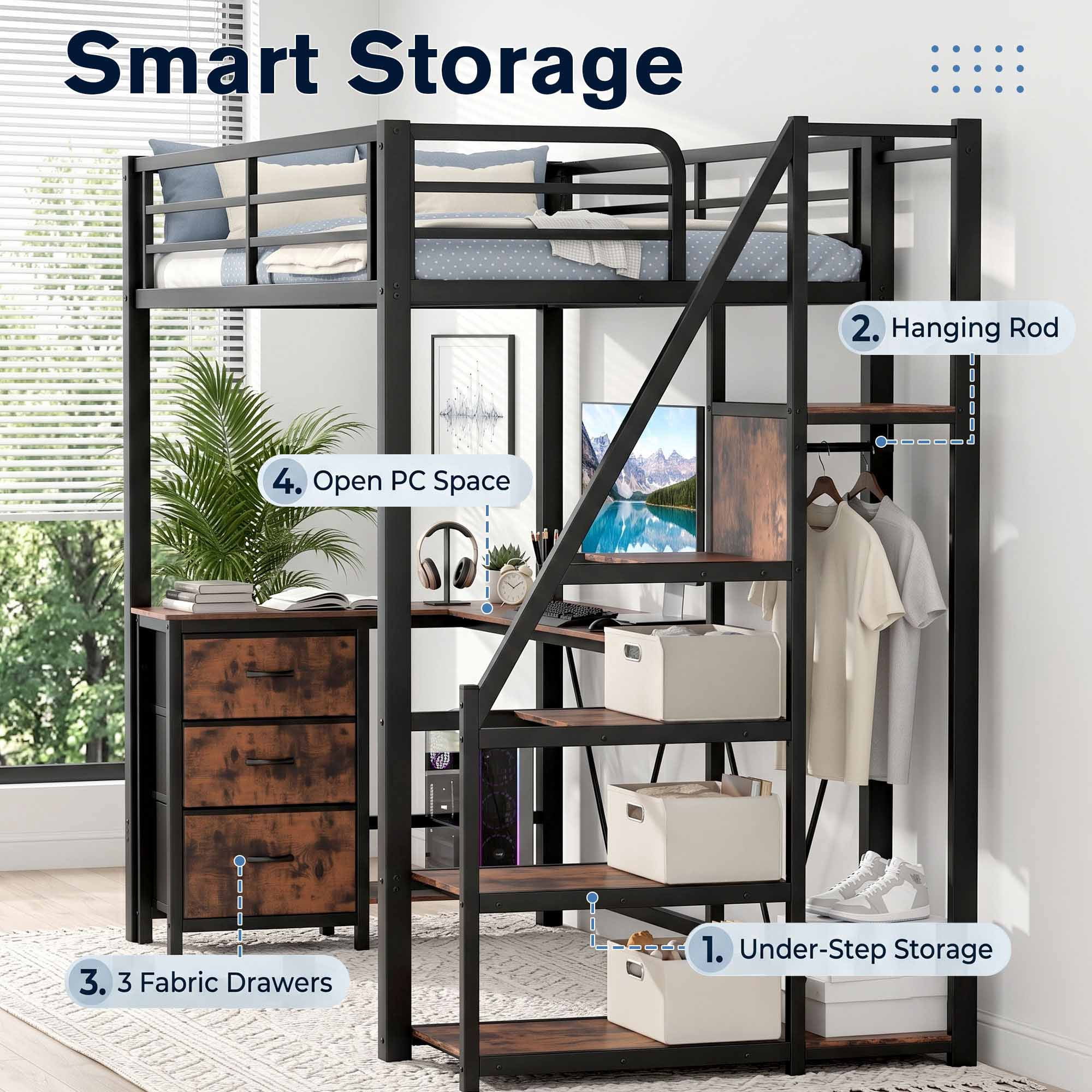 Miniyam Twin Loft Bed with L-Shaped Desk and Reversible Stairs, 3 Fabric Drawers, LED Light and Storage, Black