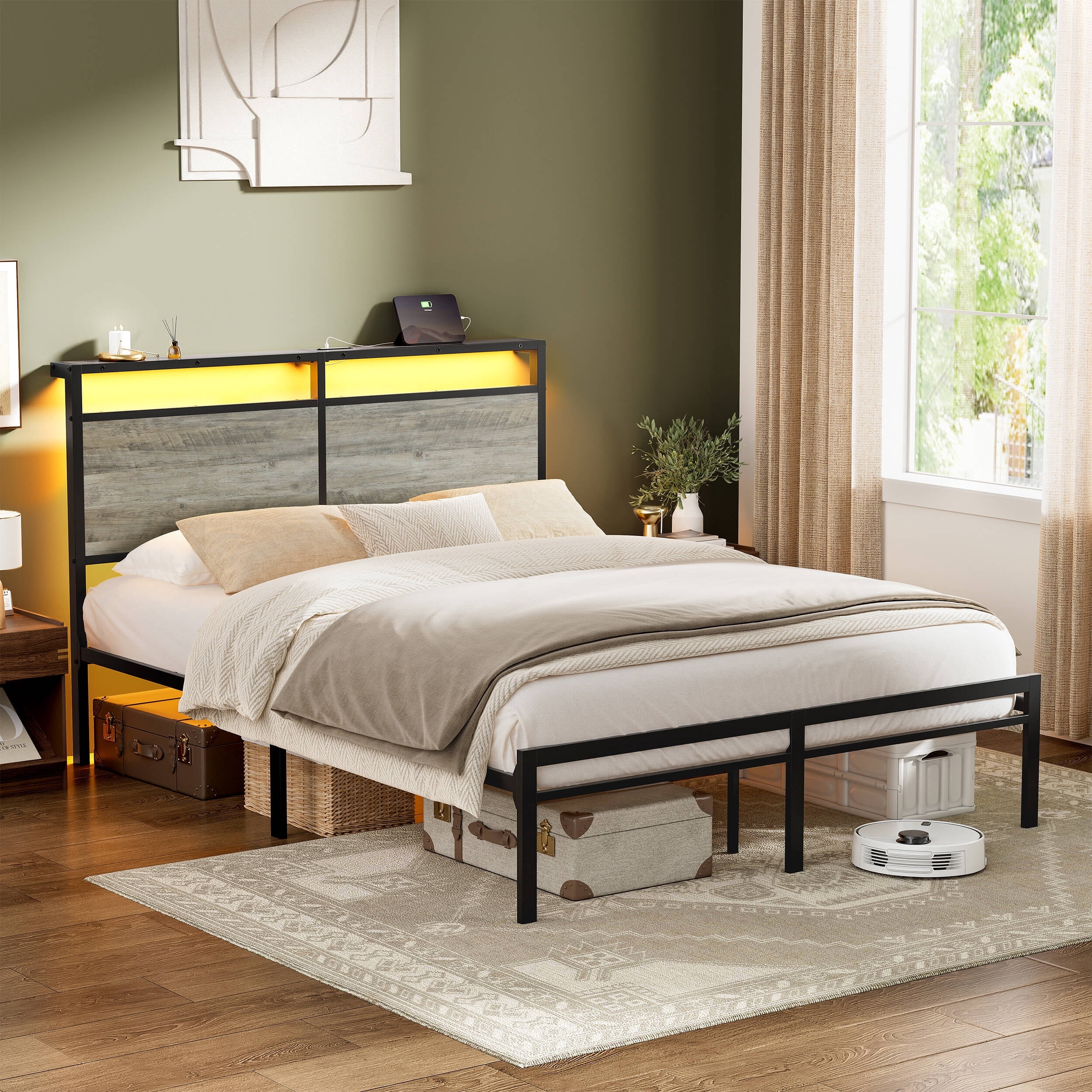 GUNAITO Queen Bed Frame with Headboard Metal Platform Bed with LED Lights and Charging Statio, Grey