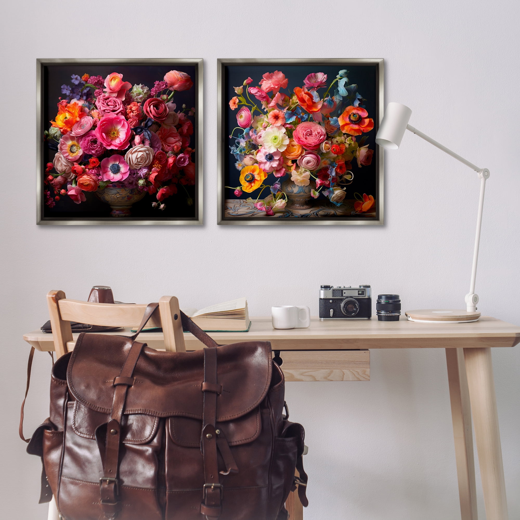 Stupell Industries Stunning Still Life Floral Arrangement Plants & Flowers Photography Gray Floater Framed Canvas Art Print Wall Art, 25 x 25, Set of 2