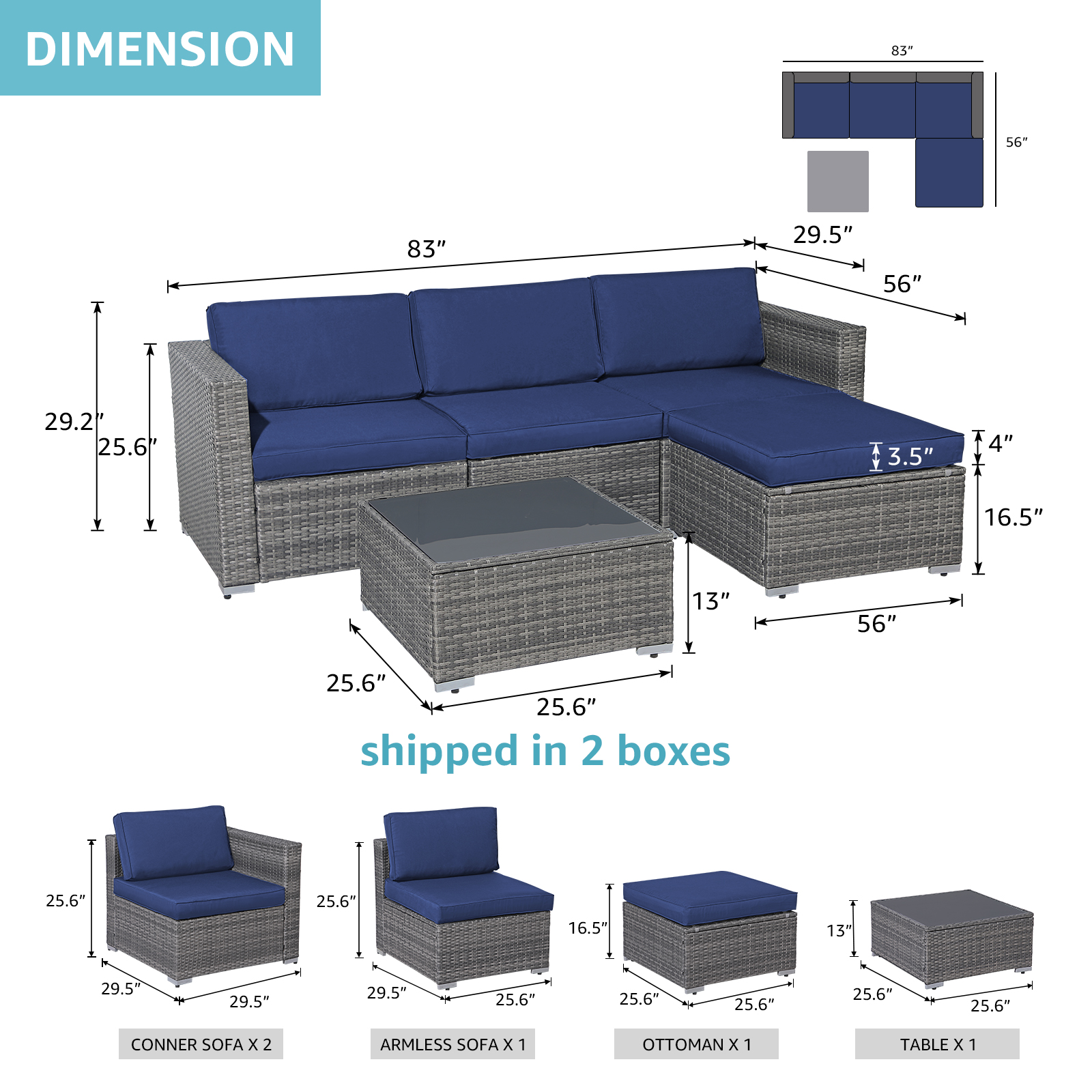 Patiorama 5-Piece Patio Furniture Set, Outdoor Sectional Conversation Set, All-Weather Dark Grey PE Wicker with Navy Blue Cushions, Outdoor Backyard Porch Garden Poolside Balcony