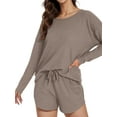 thumbnail image 2 of ValueVibe Womens Waffle Knit Pajama Sets Long Sleeve Top and Shorts Outfit Lounge Set 2 Piece Sleepwear with Pockets, Light Coffee M, 2 of 6
