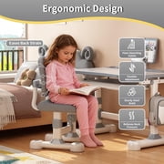 Kids Desk and Chair Set Gray, Height Adjustable Study Desk with 0-50° Tiltable Desktop, Ergonomic Chair, Storage Drawer, Book Stand for Kids Ages 3-12