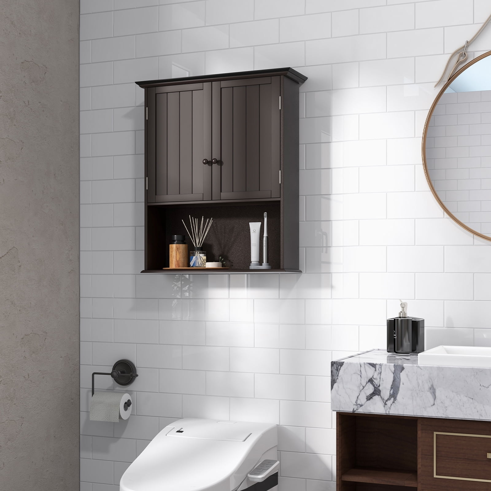 Topbuy Wall Mounted Bathroom Cabinet Double Door Medicine Cabinet Kitchen Cupboard w/ Open Compartment & Adjustable Shelf Espresso