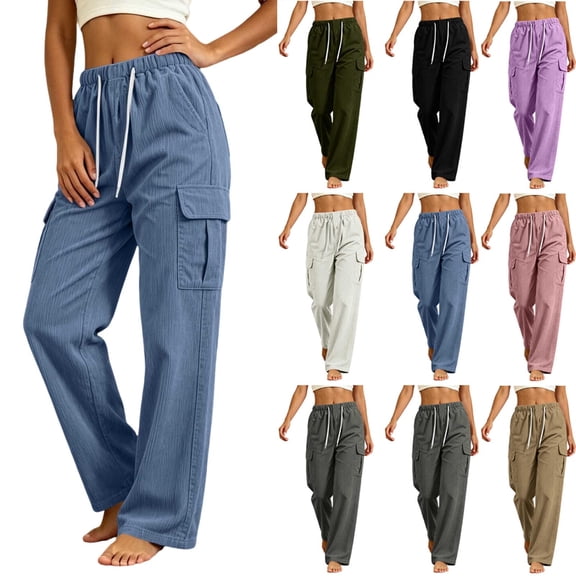 Cmtiyu Women's Cargo Pants, Baggy High Waist Drawstring Wide Leg Pants with Pockets, Casual Outdoor Jogger Pants, S-2XL