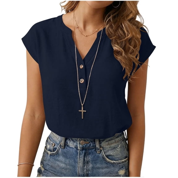 Hurxie Womens Tops Trendy V Neck Button Down Short Sleeve Tshirts Business Casual Basic Tee Loose Fit Navy,M