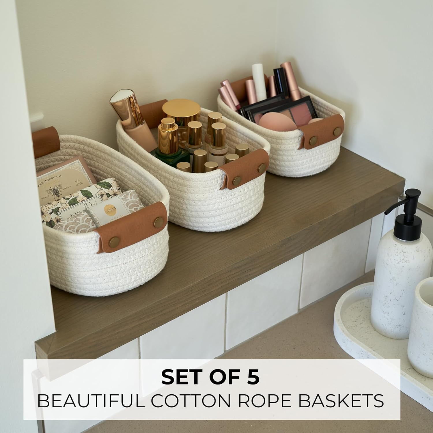 5 Pack Storage Baskets Set , Natural Woven Cotton Rope Organizer Bins for Shelves, Closet, Bathroom , Foldable Home Decor Basket for Bedroom, Living Room , Farmhouse, Modern Style