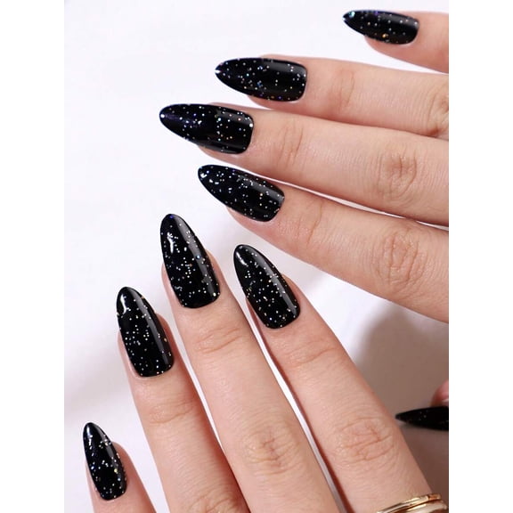 Stiletto Shape Press-On Nails With Black Galaxy Glitter Finish 24 Pieces