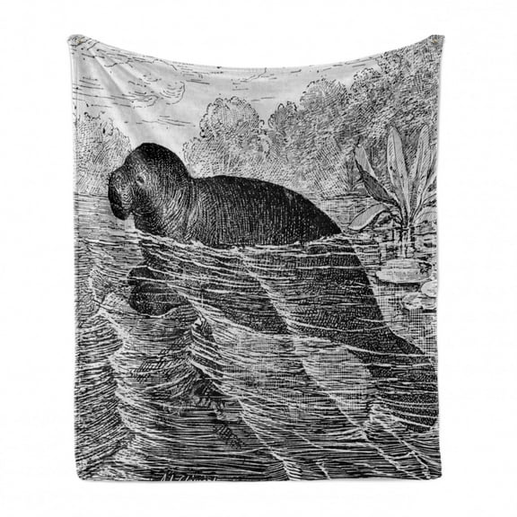 Manatee Soft Flannel Fleece Throw Blanket, Sea Cows Vintage Engraved Style Illustration Old Hand Drawn Animal, Cozy Plush for Indoor and Outdoor Use, 60" x 80", Charcoal Grey White Grey, by Ambesonne