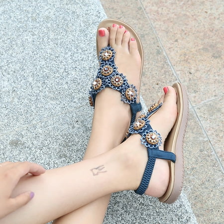 

Cathalem Ladies Beach Casual Shoes Sandals Bohemian Elastic Band Women Bead String Women s sandals Heeled Sandals for Women Blue 8.5