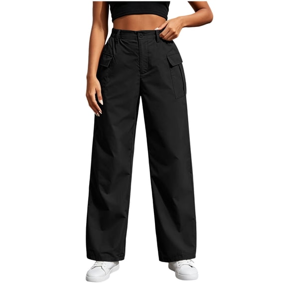 ZHYou No Boundarie Cargo Pants for Women High Waist Button Wide Leg Loose Fit Straight Casual Work Trousers with Multiple Pockets,Black,Size M