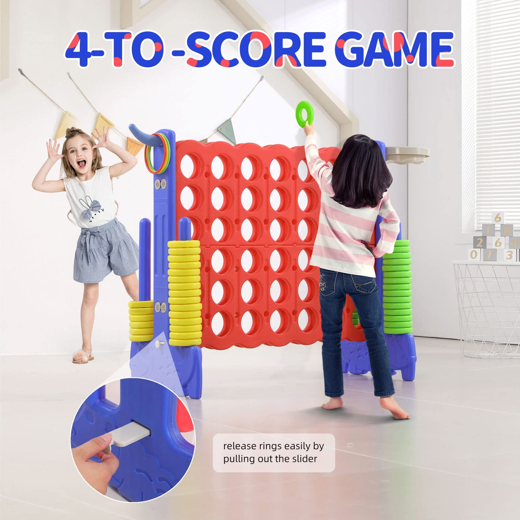 UNICOO® 3-in-1 Giant 4 in A Row Game, Featuring Basketball Hoop, Ring Toss Game & 4-to-Score Game. Perfect for Kids & Adults, Parties & Gatherings with Carrying Bag (Red + Blue)