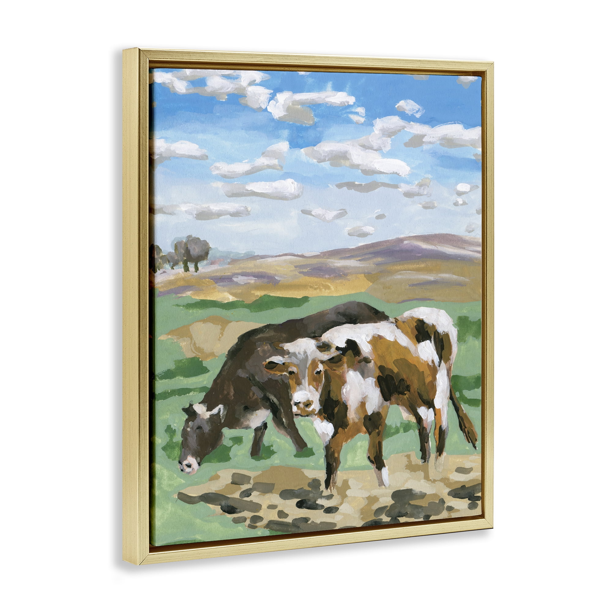 Stupell Industries Grazing Cattle Landscape Animals Painting Gold Floater Framed Canvas Art Print Wall Art, 25 x 31