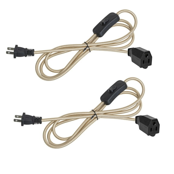 KAYYELAMP 2 Pcs On/Off Switch Extension Cord with 3-Prong Female Plug - 15 Ft Light Gold Weave Rope Cable Plug Outlet Power Wire for Lamps, Indoor Lighting Accessory Part DIY Project