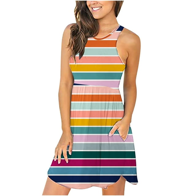 SMihono Robe Bohème d'Été pour Femmes Grande Taille Robe Débardeur Sans Manches pour Femmes Robe à Imprimé de Personnalité à Col Rond avec Poches